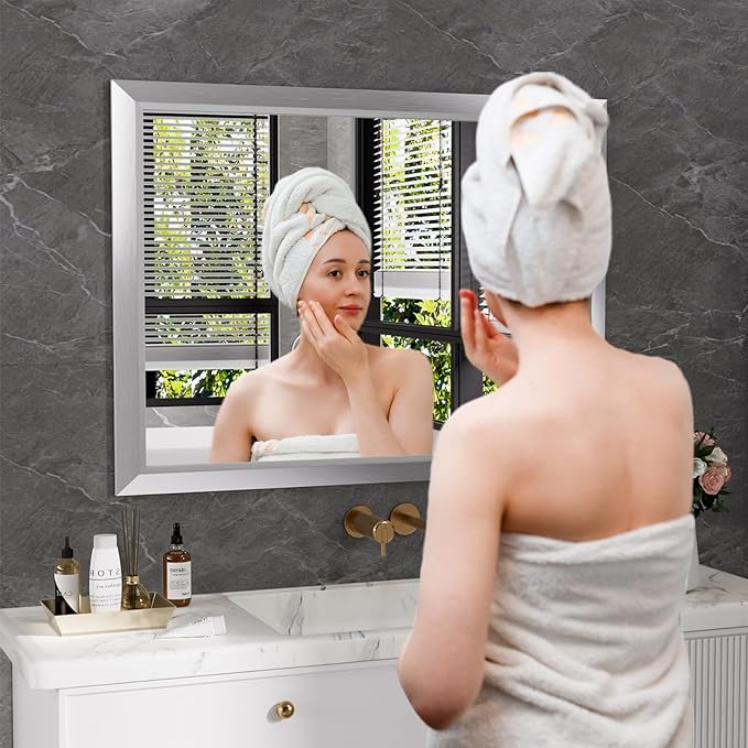 Amorho 40x30 Inch Bathroom Mirror Silver, Thick Metal Framed Wall Mirrors - Image 6