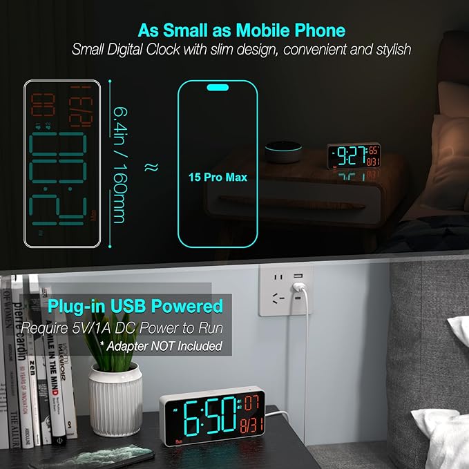 KOSUMOSU Small Digital Clock for Bedroom, 6.7in Desk Clock, Auto Dimming - Image 3