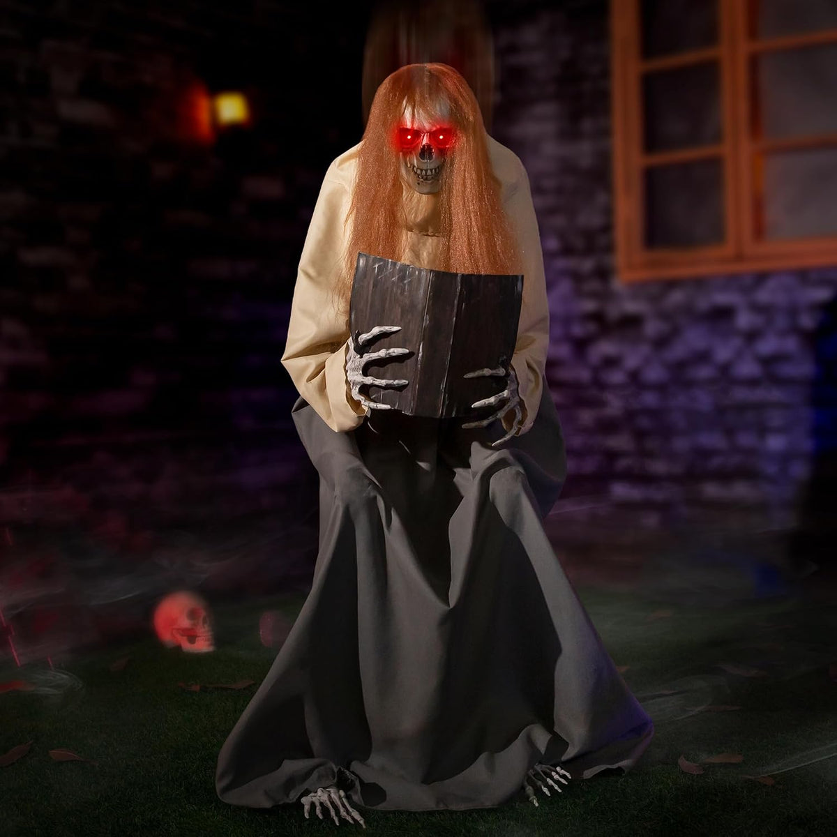 Halloween Animatronics Sitting Skeleton Ghost Decorations, 51'' Anima...