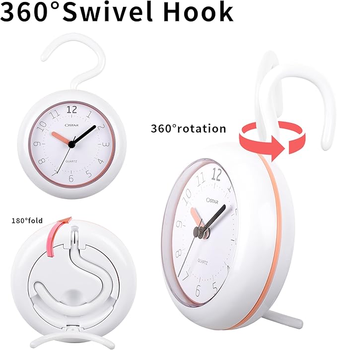 OSTAR Waterproof Bathroom Shower Clock, Analog Quartz Clock Hanging Stand Dual - Image 3