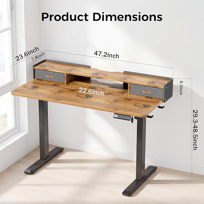 Electric Standing Desk with Drawers, 48 Inch Height Adjustable Desk with Power - Image 2