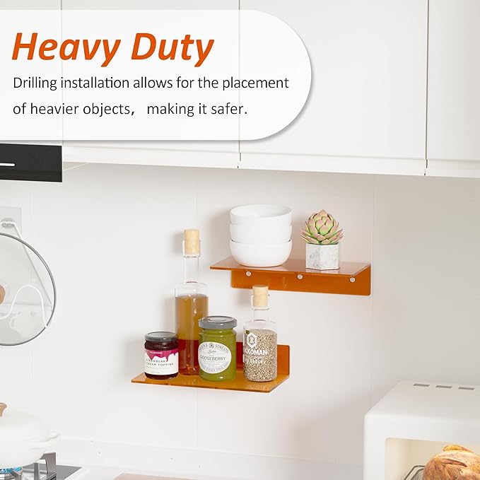 12 Inches Small Orange Wall Shelves Set of 2, Acrylic Floating Shelf - Image 3