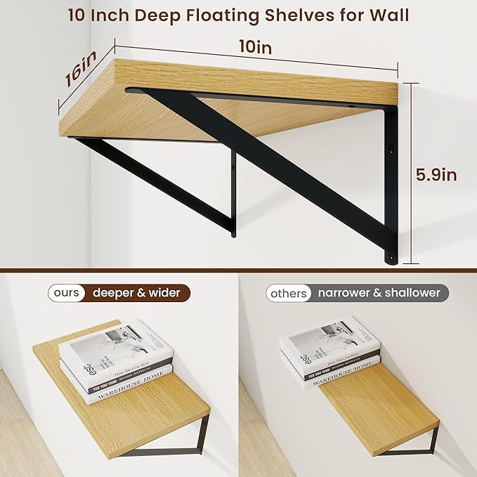 Axeman Deep Floating Shelves | 16 Inch Oak Wall Shelves Set of 2 | 10 Inch Deep - Image 3
