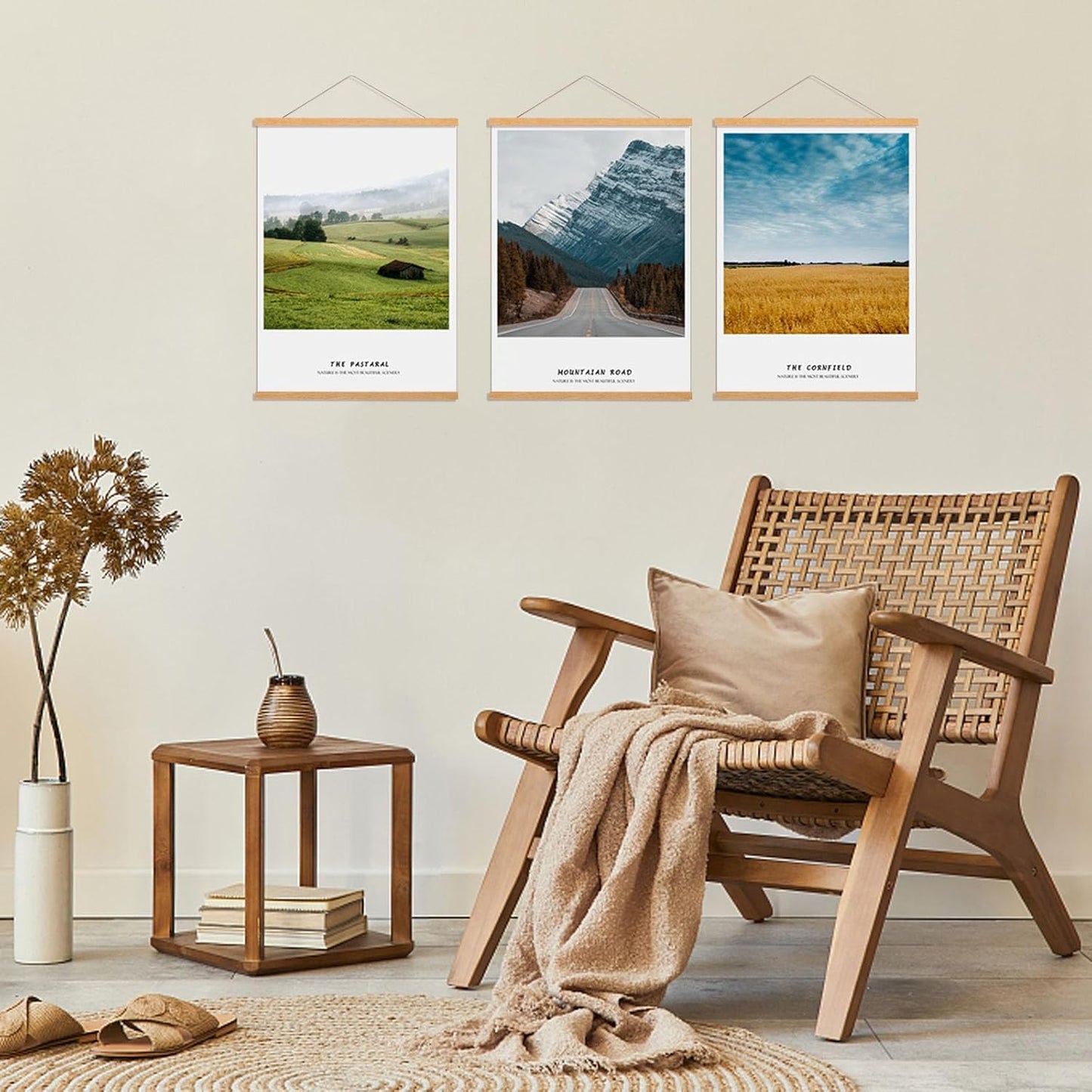 FALAMON 3 Pack Magnetic Poster Hanger Frame, 12x16 12x18 12x24 Teak Wood Magnet Poster Frame for Posters, Prints, Photos, Pictures, Maps, Scrolls, and Canvas Artwork
