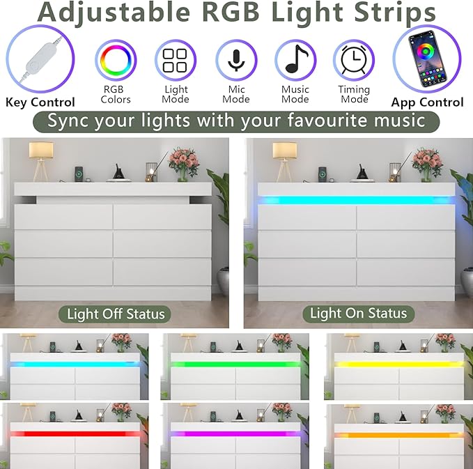 6 Drawer Dresser with Power Outlet, Dresser with LED Light, Modern Chest of - Image 4