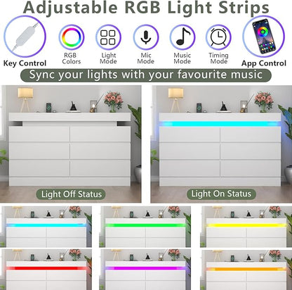 6 Drawer Dresser with Power Outlet, Dresser with LED Light, Modern Chest of - Image 4