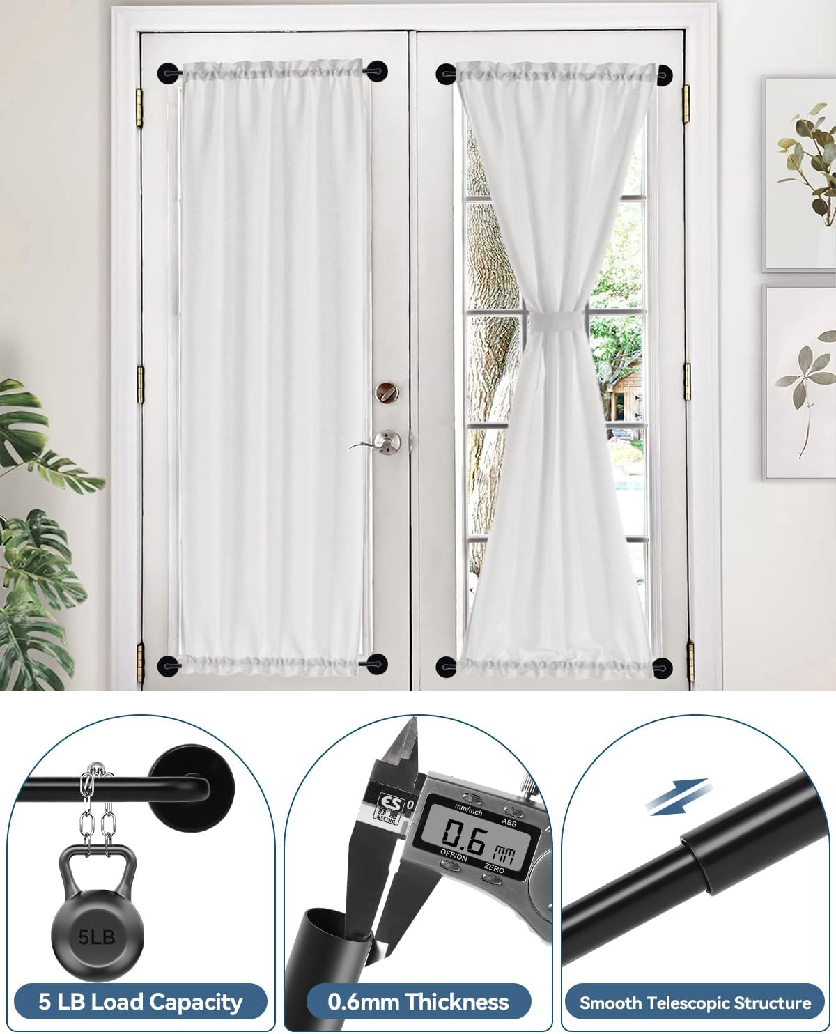 2 Pack Magnetic Curtain Rods for Metal Doors, 17-30in No-Drill Rods, Black | Tool-Free Installation, Strong Magnetic Hold, Stepless Adjustable, Damage-Free Hanging, French Doors, Metal front/back doors