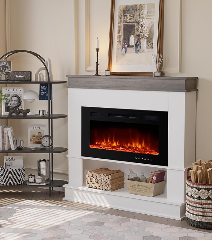 Electric Fireplace with Mantel, Freestanding Fireplace Heater with 60" Insert by Maxhonor