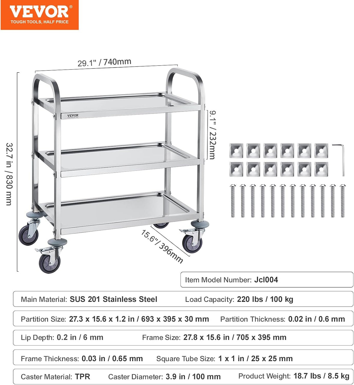 VEVOR Stainless Steel Cart, 3 Layers Lab Utility Cart 220 lbs Weight Capacity...