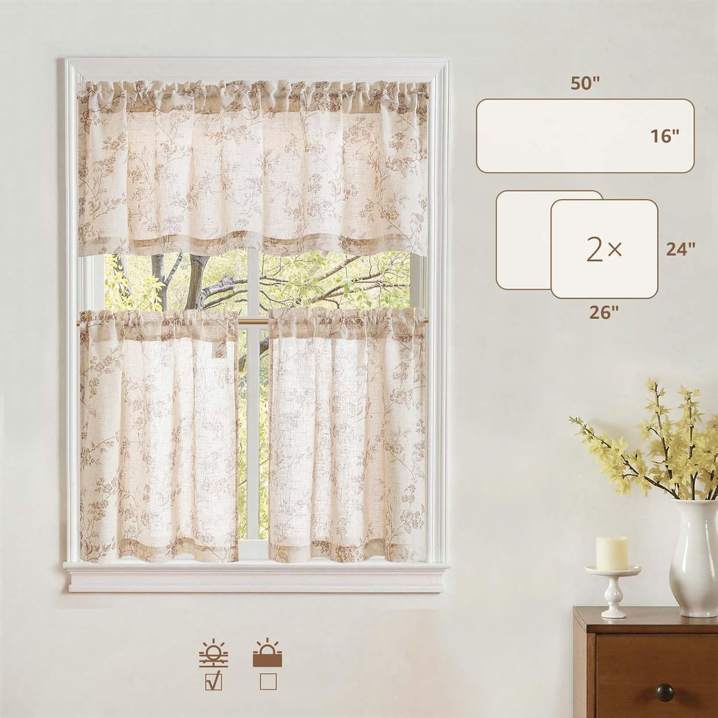 jinchan Floral Kitchen Curtains Set 24 Inch Length Farmhouse Linen Cafe Curtains and Valance Set for Living Room Bathroom Small Window Treatments Rod Pocket 3 Panels Taupe on Linen