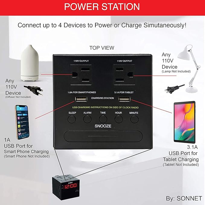 Sonnet Alarm Clock Charging Station, AM FM Radio, Dual USB Charging Ports - Image 2
