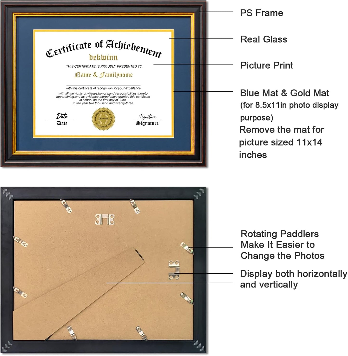 Diploma Frames 8.5x11 with Mat or 11x14 without Mat,4 Pack Certificate Document Frame with Real Glass,Black Gold & Burgundy Molding(Blue/Gold Double Mat)