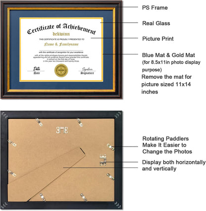 Diploma Frames 8.5x11 with Mat or 11x14 without Mat,4 Pack Certificate Document Frame with Real Glass,Black Gold & Burgundy Molding(Blue/Gold Double Mat)