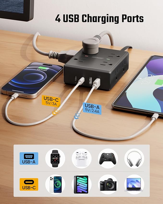6Ft Extension Cord with Multiple Outlets, Flat Plug Power Strip Surge Protector - Image 5