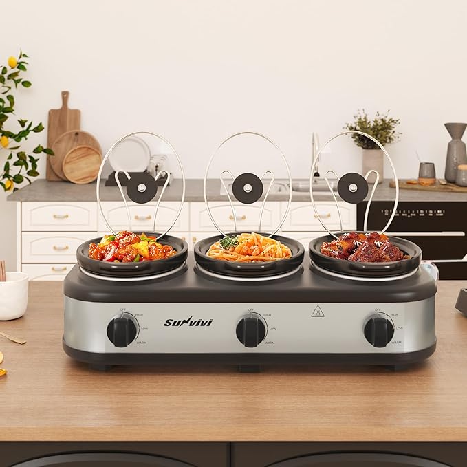 Sunvivi Triple Slow Cooker, Buffet Server and Food Warmer, Small Mini Pot - Image 2