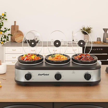 Sunvivi Triple Slow Cooker, Buffet Server and Food Warmer, Small Mini Pot - Image 2
