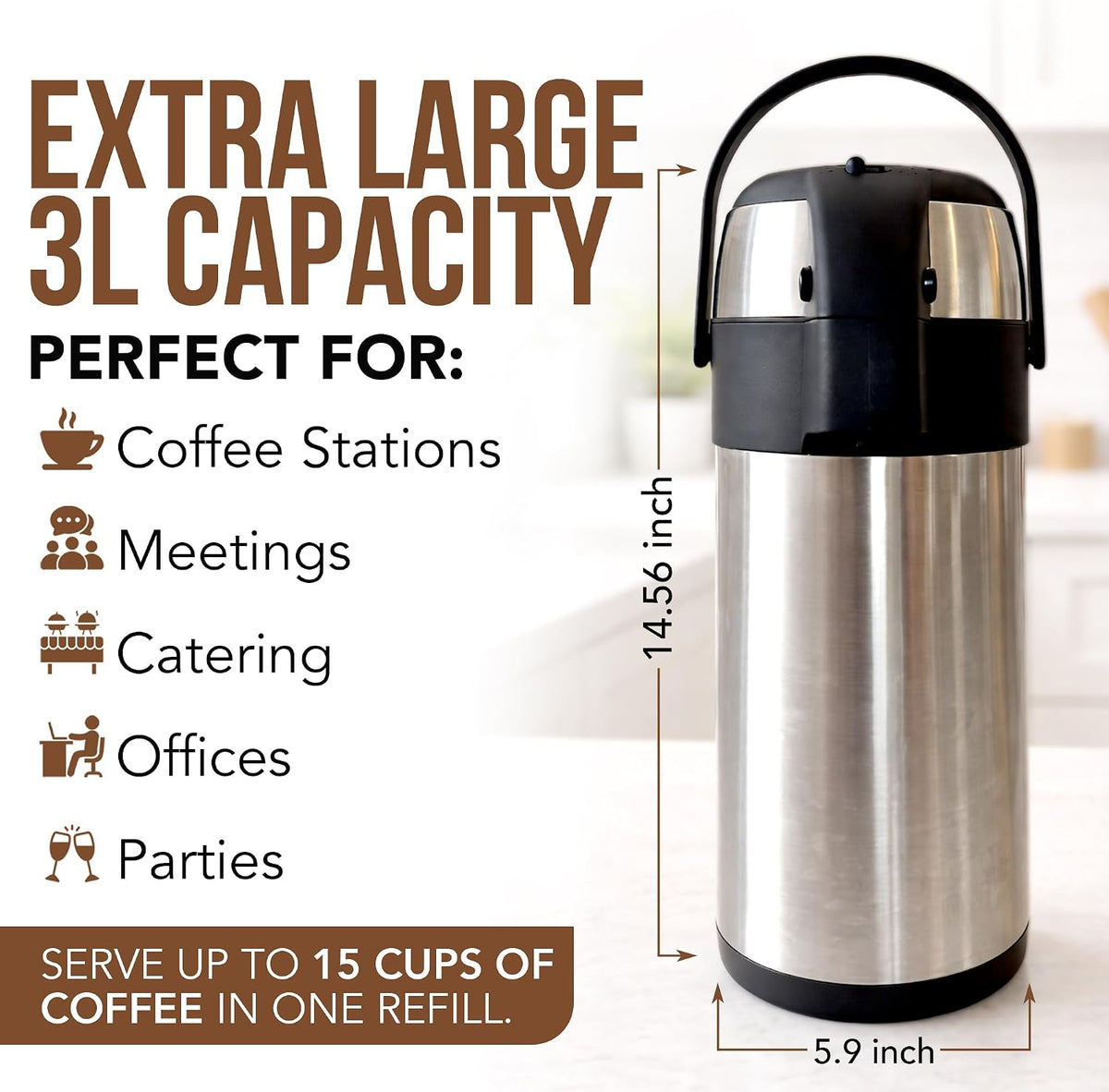 Coffee Carafe Insulated 102 OZ / 3L Stainless Steel Hot Beverage Dispenser, A...