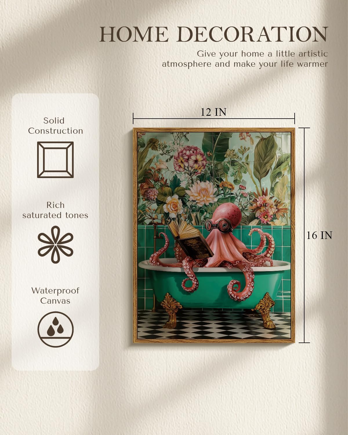 WHASAYART Framed Funky Funny Octopus Reading on bathtub Wall Art Canvas 12"x16", Whimsical, Floral and Botanical, Ocean Animal Abstract Modern Style Print for Bathroom Washroom Restroom Decor