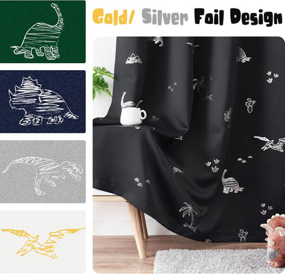 Kids Blackout Curtains for Bedroom 63 Inches Black 2 Panels | Blackout, Grommet, Silver Dino Foil Thermal Insulated Drapes for Boys Girls ‌Newborn‌ ‌Toddler‌ ‌Preschooler Nursery