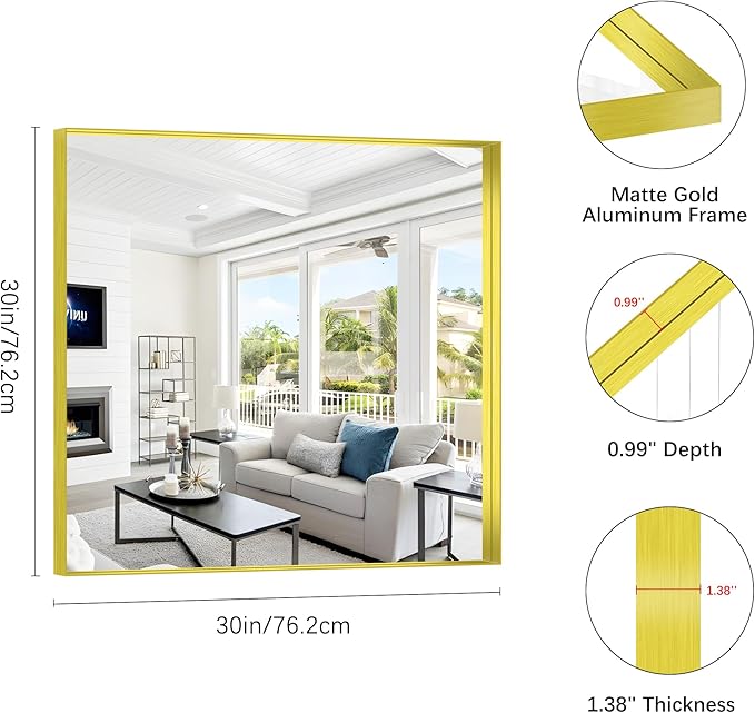 Gold Bathroom Mirror, 30x30 Inch Rectangular Framed Mirror, Large Wall Mounted - Image 3