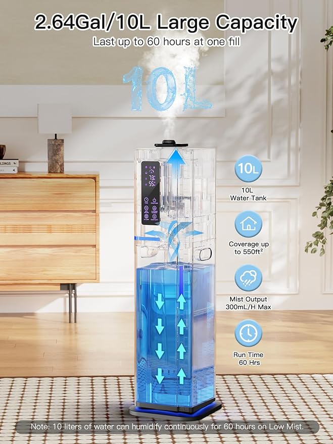 Zeova 10L/2.64Gal Humidifier, Top Fill Quiet Ultrasonic Cool Mist Humidifiers - Image 2