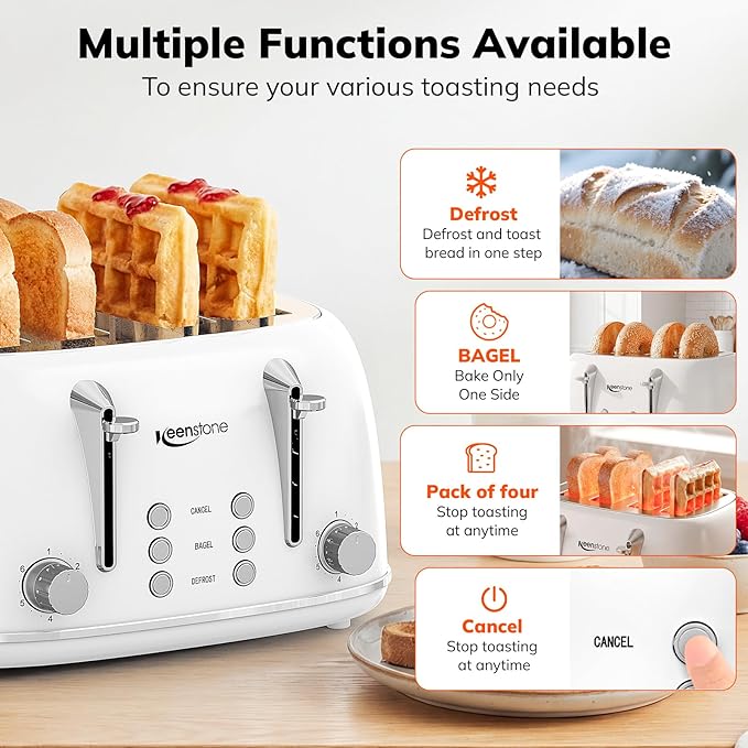 Keenstone Toaster 4 Slice, Retro Stainless Steel Wide Slot Toaster - Image 3