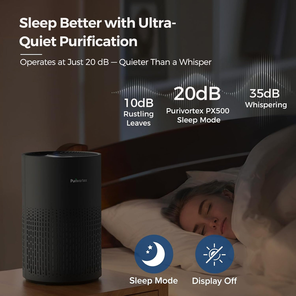purivortex air purifiers for bedroom, covers up to showing dimensions