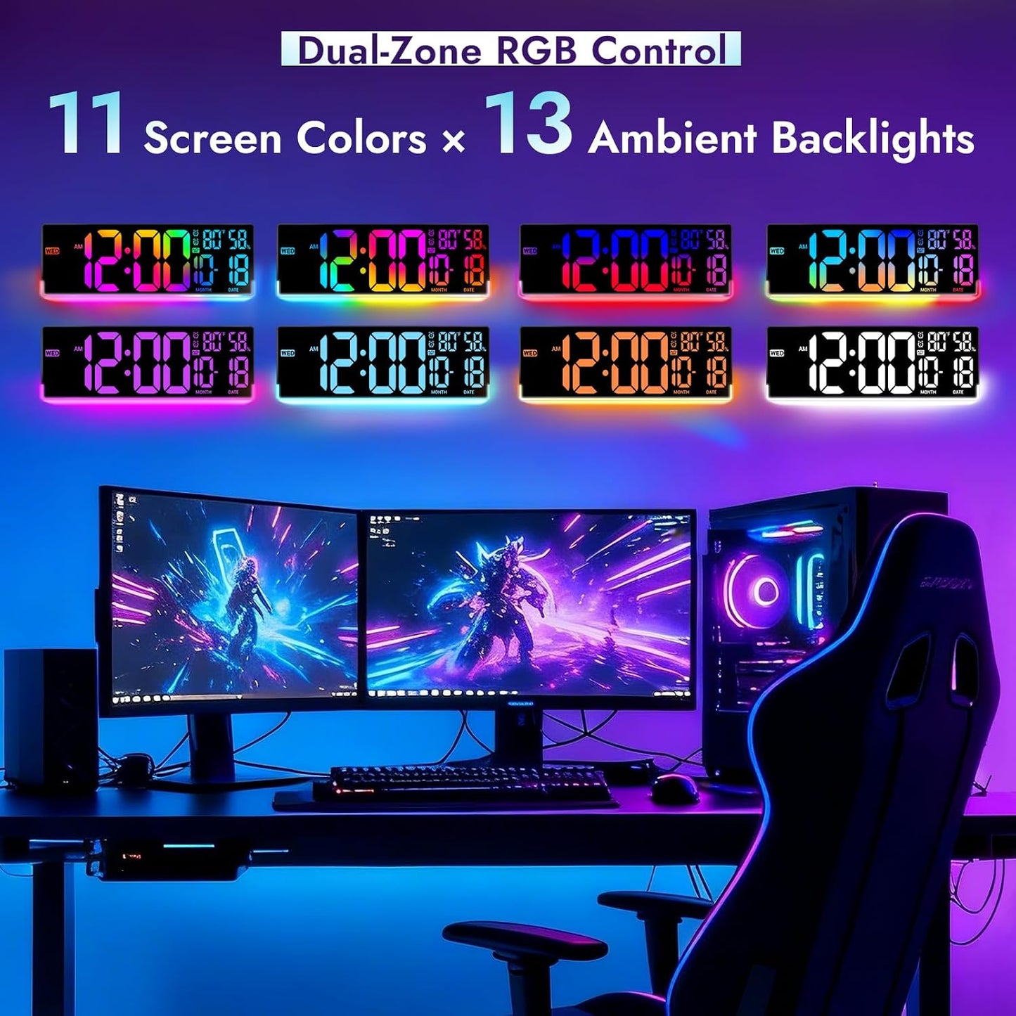 16.5" Large Digital Wall Clock for Classroom, Sync Screen RGB Backlight | 11 Screen Colors, 13 U-Shaped RGB Modes, Temp Humidity, Auto DST, Dual Alarm, Timer, Digital Clock for Gym Gaming Room