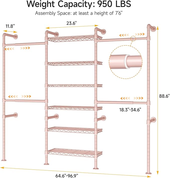 ONBRILL H3 Wall Mounted Closet System, Expandable Industrial Pipe Clothes Rack - Image 2