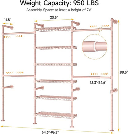 ONBRILL H3 Wall Mounted Closet System, Expandable Industrial Pipe Clothes Rack - Image 2