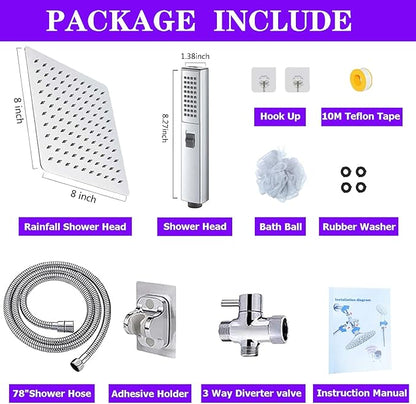 8"High Pressure Square Rain Shower Head and 2-in-1 Hand Shower.Equipped - Image 2