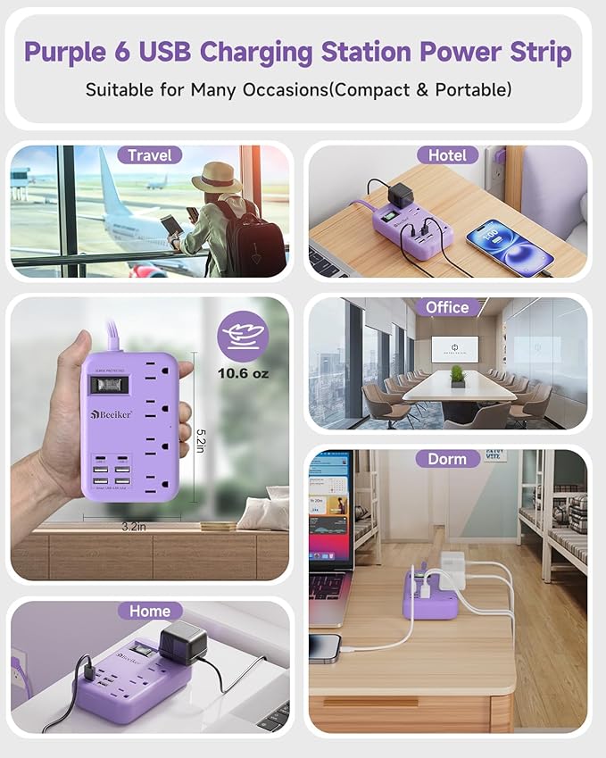 6 USB Purple Travel Power Strip- 5Ft Lavender Extension Cord - Image 6