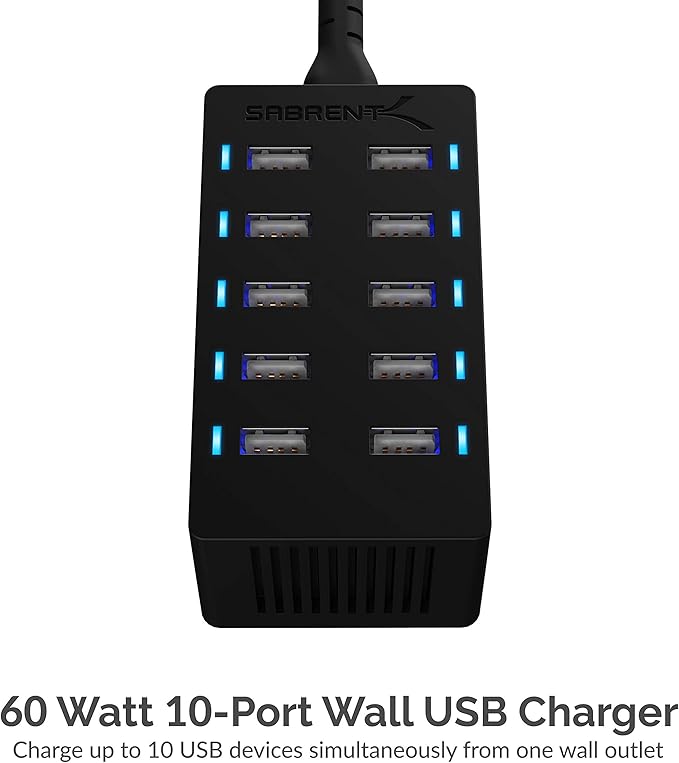 Sabrent 60 Watt 10-Port Family-Sized Desktop USB Rapid Charger. Smart USB Ports - Image 3