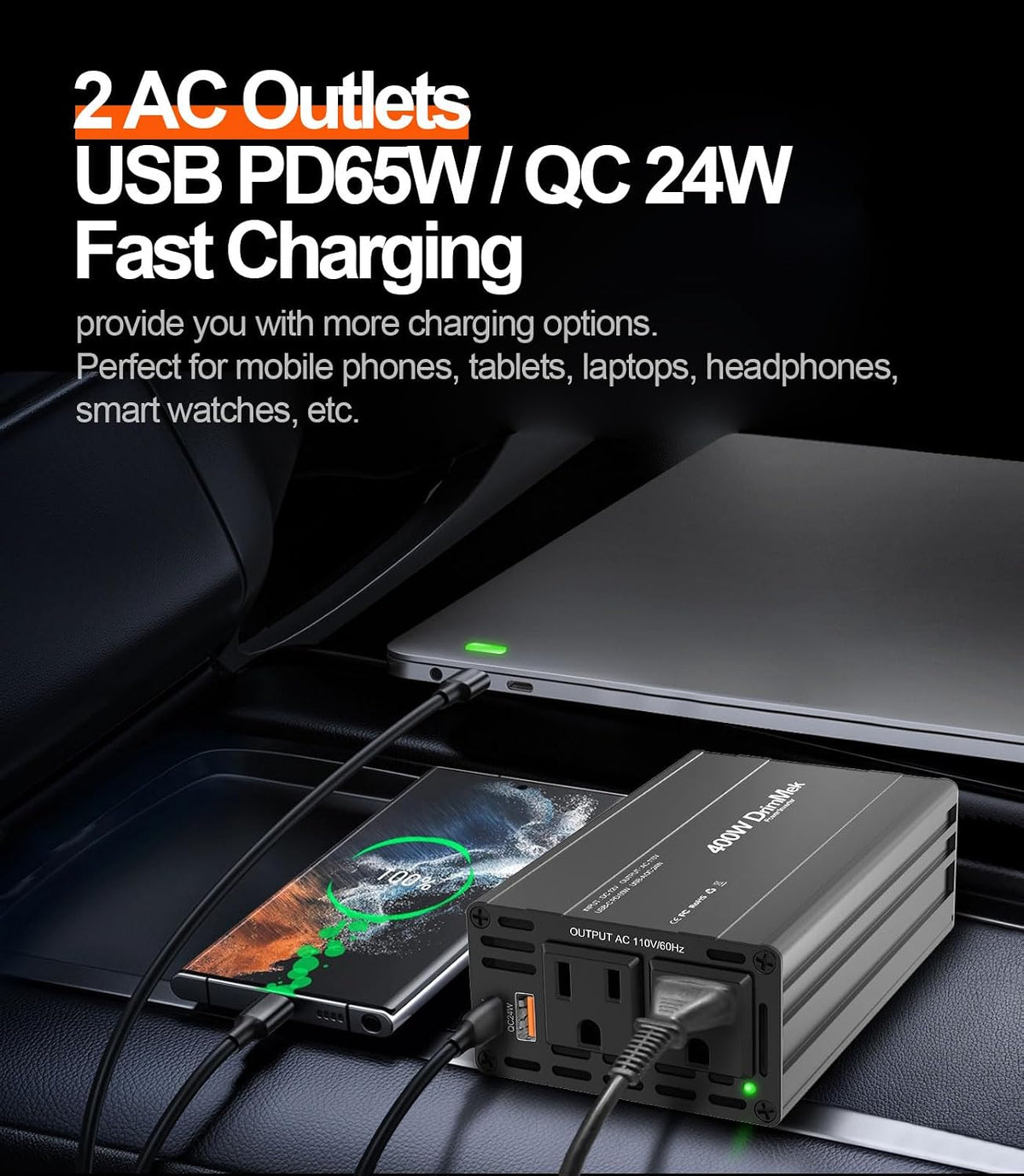400W Car Power Inverter 12V to 110V AC｜24W+65W USB C, Laptop Charger