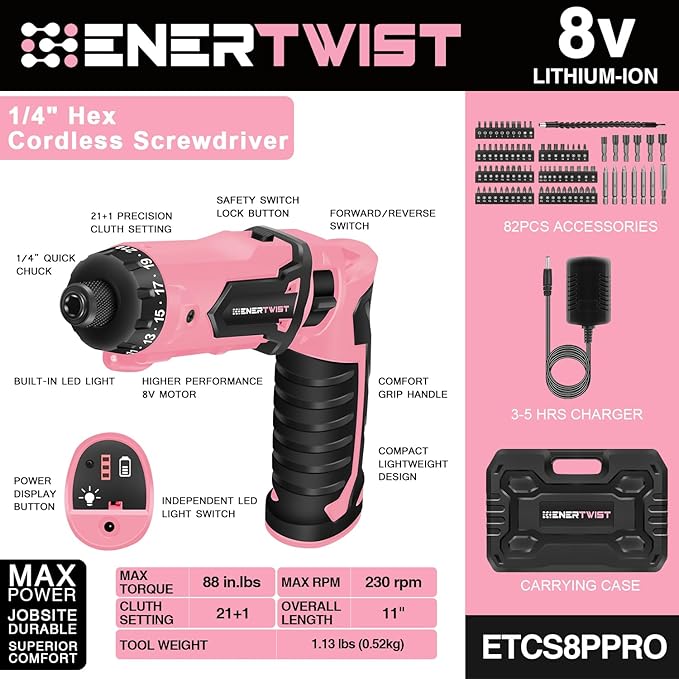 Enertwist Electric Screwdriver, 8V Max 10Nm Pink Cordless Screwdriver - Image 2