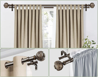 1 Inch Double Curtain Rods 72 to 144 Inches (6 to 12 ft), USFOOK Bronze Drapery Rods for Windows 69 to 140 Inches, Telescoping Dual Curtain Rod with Woven Leaf Finials
