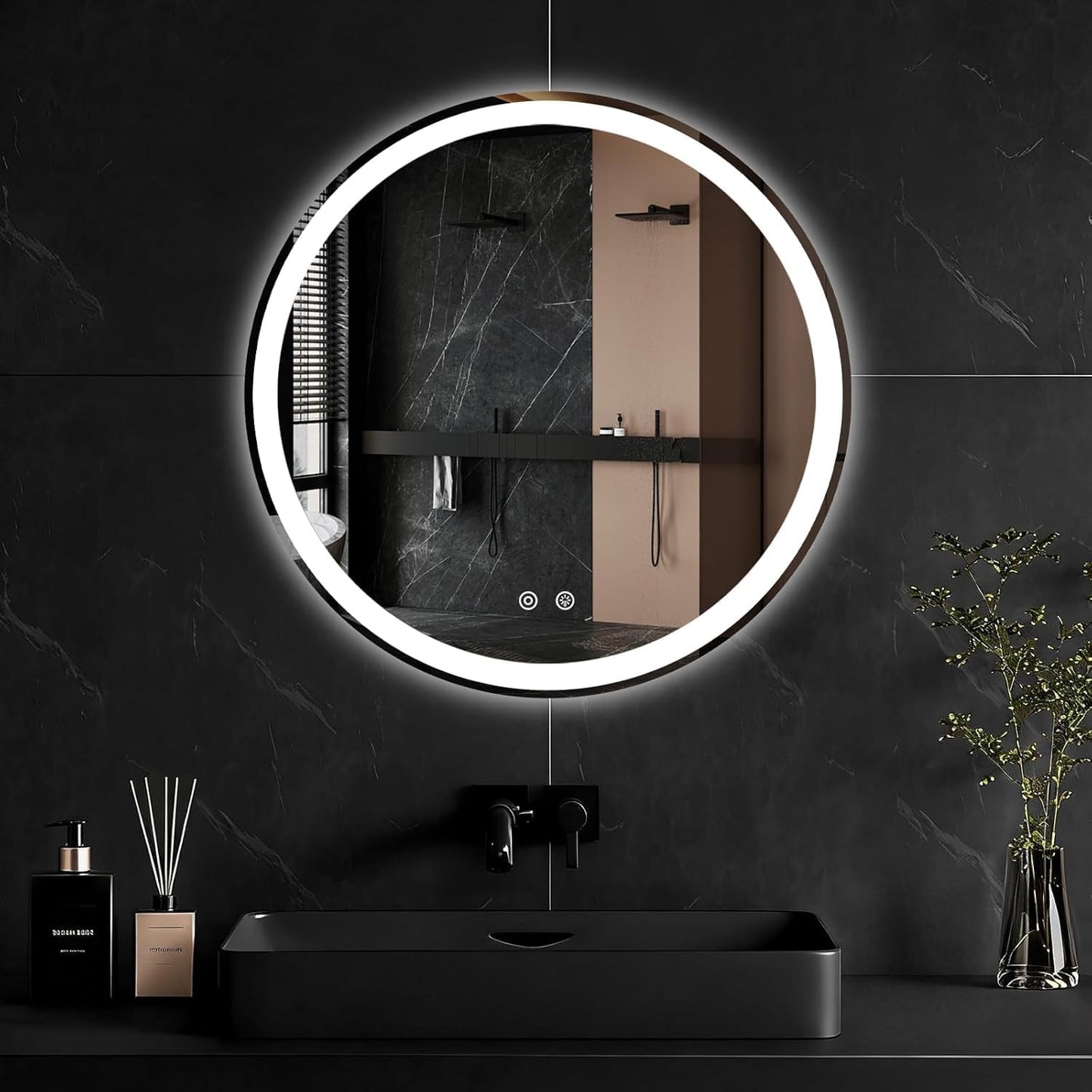 Simple Deluxe Round LED Bathroom Mirror with Lights, Smart Anti-Fog LED Bathroom Mirror with Circular Dual Lights and 3-Color Temperature Memory dimming (24inch)