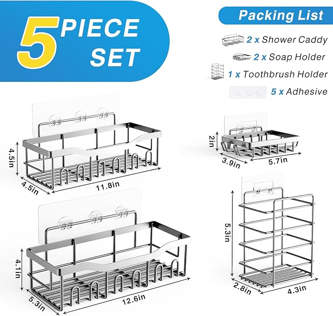 EUDELE 5-Pack Rustproof Stainless Steel Shower Caddy – No Drill Adhesive - Image 6