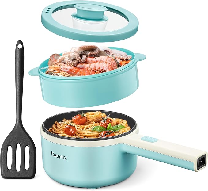Hot Pot Electric With Steamer, 1.6L Ramen Cooker Non-Stick Sauté Pan by Reemix