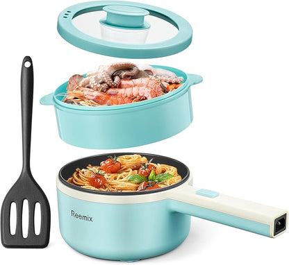Hot Pot Electric With Steamer, 1.6L Ramen Cooker Non-Stick Sauté Pan by Reemix