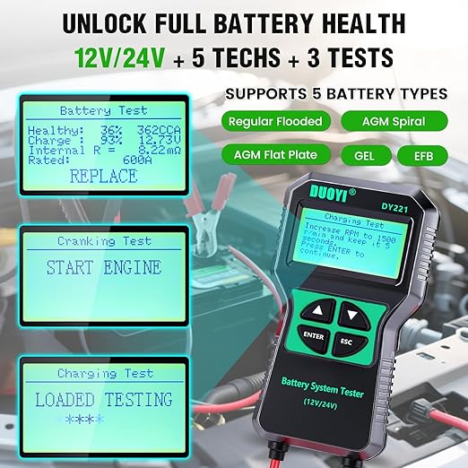 DUOYI DY221 Car Battery Tester, 12V 24V Digital Automotive Alternator Meter - Image 2