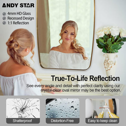 Brass Bathroom Mirror, 24x32’’ Brushed Gold Metal Frame Oblong Mirror for Bathroom, Modern Gold Oval Bathroom Mirror for Over Sink, Hangs Horizontal or Vertical