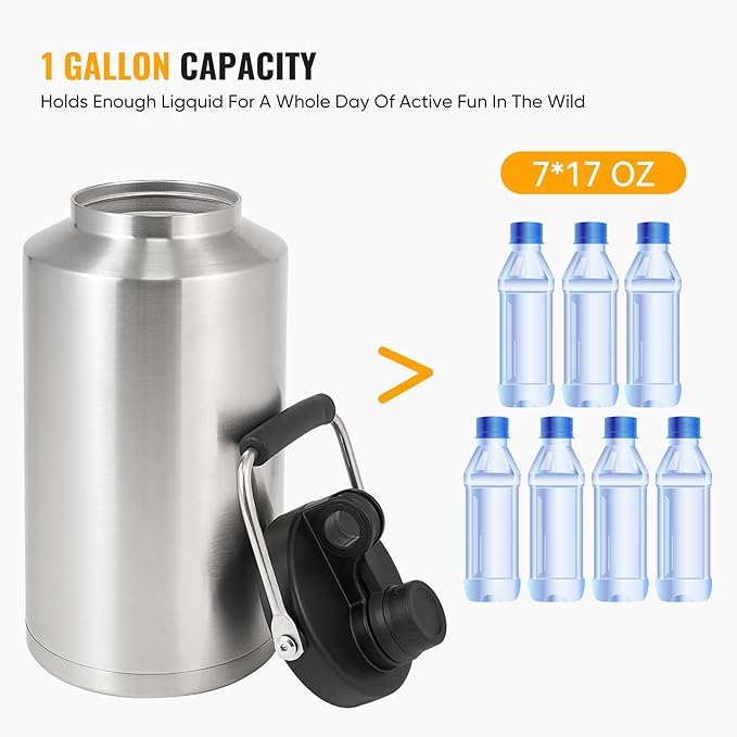 Insulated Gallon Jug with Handle, One Gallon, 128oz Stainless Steel, Large - Image 6