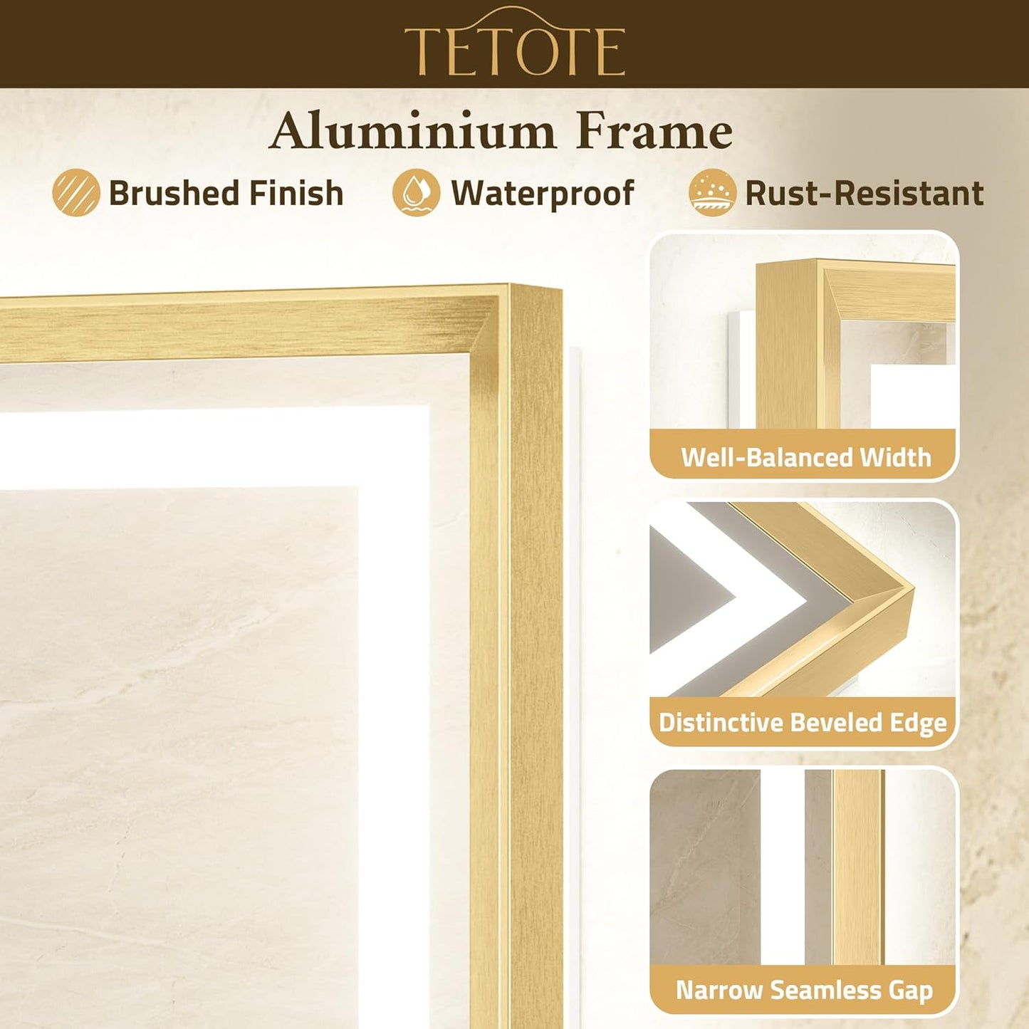 Led Bathroom Mirror 30 x 30 with Brushed Gold Frame Anti-Fog Frontlit & Backlit Vanity Mirror Stepless Dimmable Lighted Mirrors for Bathroom Wall 3 Colors White/Warm/Natural Wall-Mounted