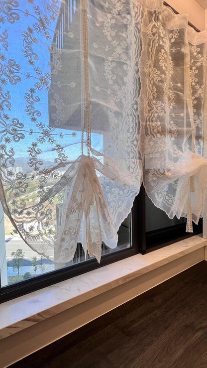 A.Monamour White Sheer Transparent Embroidered Voile Lace Balloon Curtain Window Roman Shades Window Treatment Tie Up Curtain Cottage Flowers Adjustable Tie Tieup, Rod Pocket/Pinch Pleat, 2 Pieces