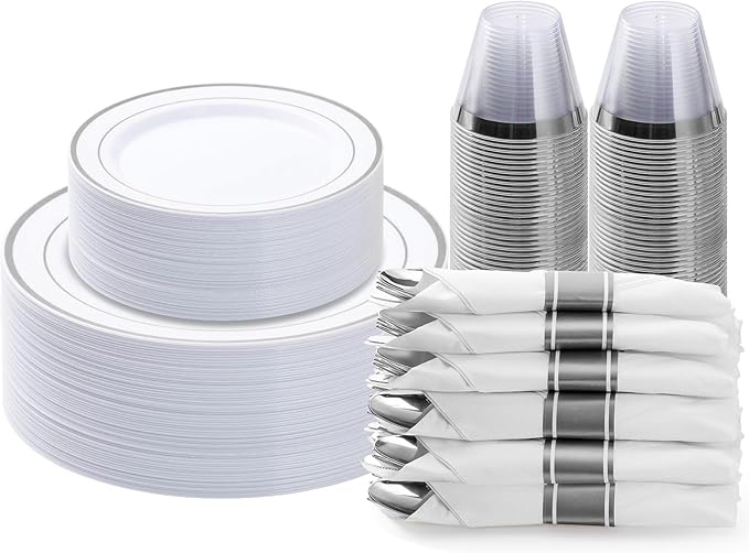 BESTVIP 175PCS Silver Plastic Dinnerware Set, Disposable Party Plates for 25 ...