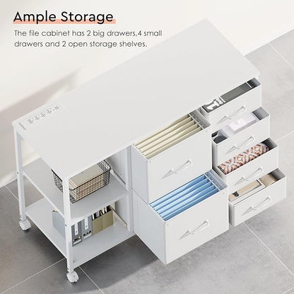 6 Drawer File Cabinet with Charging Station Rolling Printer Stand with Open - Image 7
