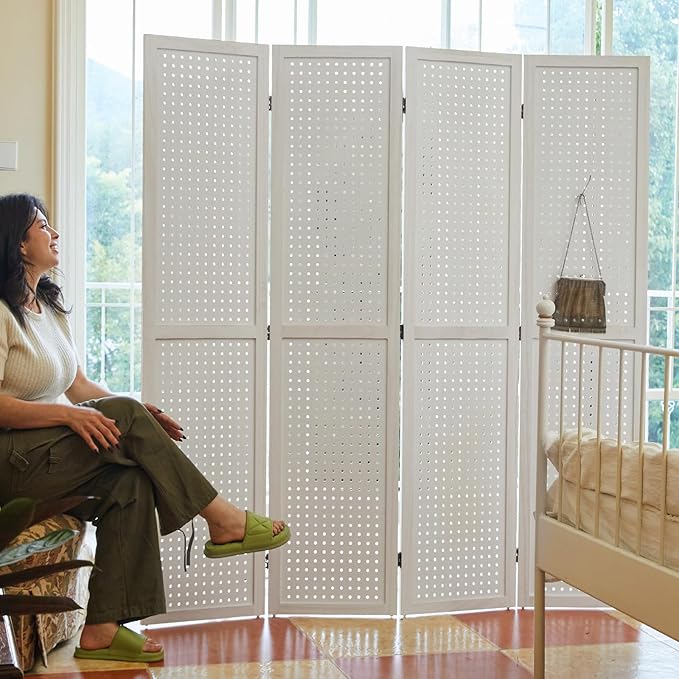 Room Divider Freestanding Folding Pegboard Privacy Screen 4-Panel Display Stand - Image 7