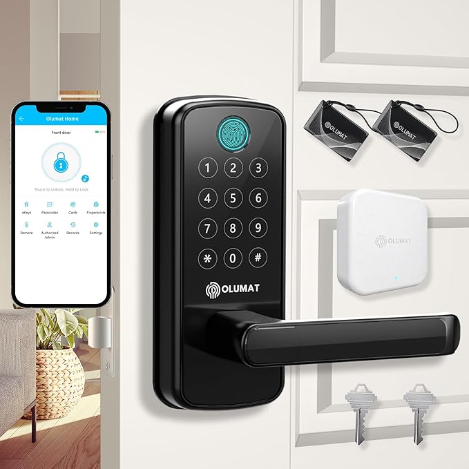 Smart Door Lock with WiFi Gateway, Keyless Entry Door Lock with Handle by OLUMAT