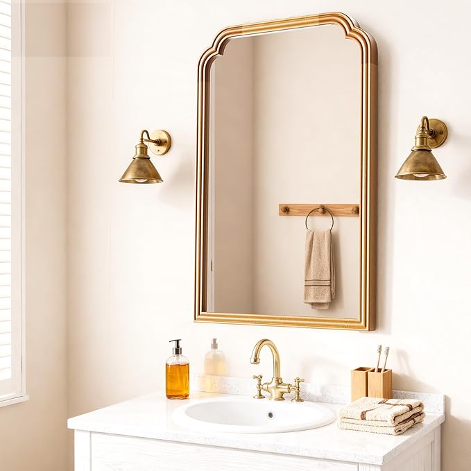 Wood Frame Wall Mirror for Bathroom, Rounded Corner Arch Rectangle Mirror for - Image 2